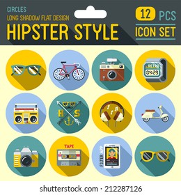 Hipster style flat long shadow design circle icon set. Trendy illustrations.