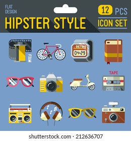 Hipster style flat long shadow design icon set. 12 pcs. Trendy illustrations.