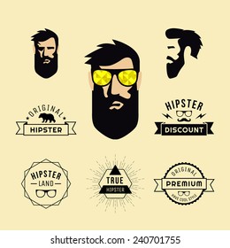 Hipster style of guy with sunglasses and collection of elements, labels for retro vintage design of website, invitations. Vector illustration