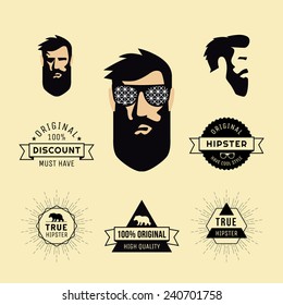 Hipster style of guy with sunglasses and collection of elements, labels for retro vintage design of website, invitations. Vector illustration