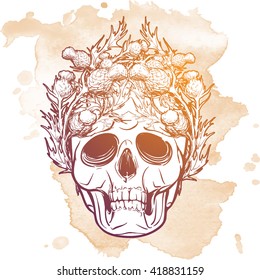 Hipster style human skull with a Scottish Thistle wreath. Hand drawn sketch on a watercolor spot. Vintage design. EPS10 vector illustration.