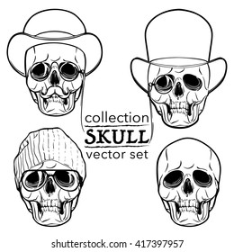 Hipster style human skull set. Hand drawn sketch isolated on a white background. EPS10 vector illustration.