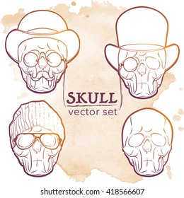 Hipster style human skull set. Hand drawn sketch on a watercolor spot. Vintage design set. EPS10 vector illustration.