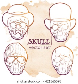 Hipster style human skull set. Hand drawn sketch on a watercolor spot. Vintage design set. EPS10 vector illustration.