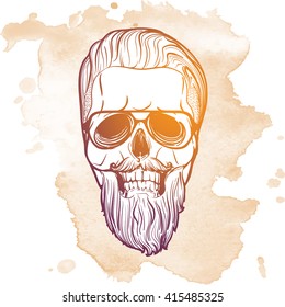 Hipster style human skull with a trendy undercut haircut wearing glasses mustache and beard. Hand drawn sketch on a watercolor spot. EPS10 vector illustration.