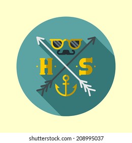Hipster style icon with arrows. Flat long shadow design. Hipster icons series.