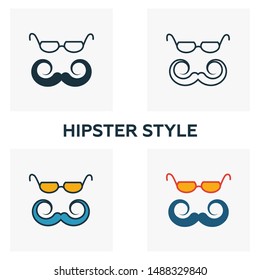 Hipster Style icon set. Four elements in diferent styles from barber shop icons collection. Creative hipster style icons filled, outline, colored and flat symbols.