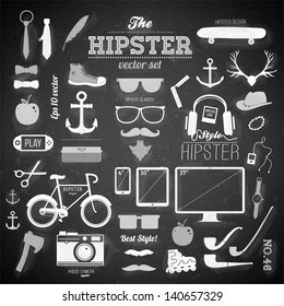 Hipster style infographics elements and icons set for retro design. With bicycle, sunglasses, mustache, bow, anchors, apple and camera. Vector illustration. Chalkboard background. Black vector version