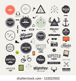 Hipster style infographics elements and icons set for retro design. With bicycle, phone, sunglasses, mustache, bow, anchors, apple and camera. Vector illustration.