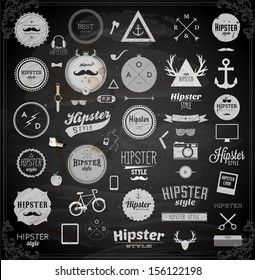 Hipster style infographics elements and icons set for retro design. With bicycle, phone, sunglasses, mustache, bow, anchors, apple and camera. Vector illustration. Chalkboard variant.