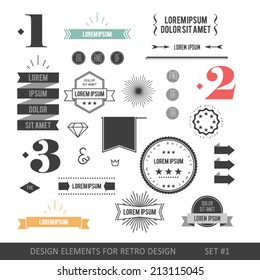 Hipster style infographics elements set for retro design. With ribbons, labels, rays, numbers, arrows, borders, diamonds and anchors. Vector illustration