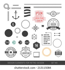 Hipster style infographics elements set for retro design. With ribbons, labels, rays, numbers, arrows, borders, diamonds and anchors. Vector illustration