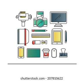 Hipster style media and stationery graphics on white background