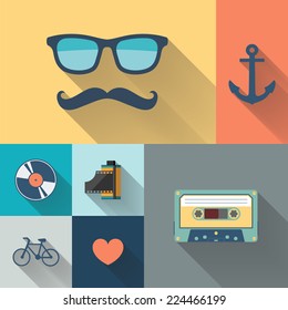 Hipster style objects flat vector illustration.
