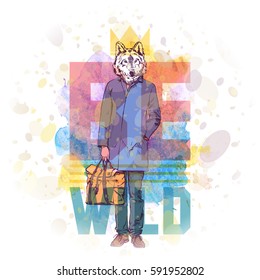 Hipster style poster. Hand drawn illustration of stylish dude with animal head. Vector collection