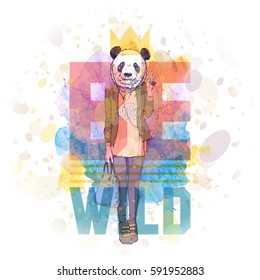 Afiche estilo Hipster. Dibujo a mano de una chica de moda con cabeza animal. Colección de vectores