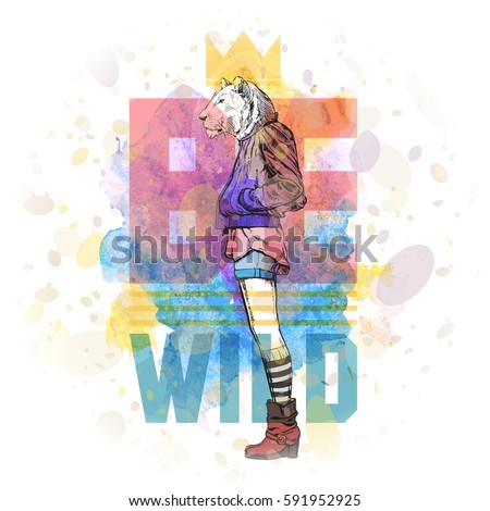 Hipster style poster. Hand drawn illustration of fashion girl with animal head. Vector collection