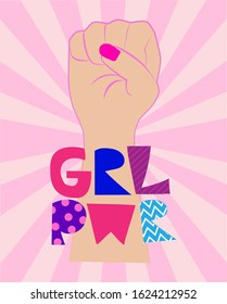 hipster style poster of woman's fist. "Girls power" lettering, vector illustration