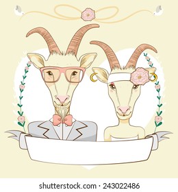 Hipster style Save The Date design composition showing anthropomorphic goat couple portrait with empty banner and birds holding lace