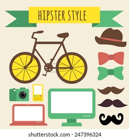 Hipster Style Set: Bicycle, Camera, Notebook, Phone, Computer, Hat, Bow Ties and Mustaches. Vector Illustration.