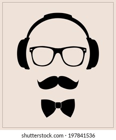 Hipster style set bowtie, glasses, mustaches, headphones.  vector abstract illustration background. flat template