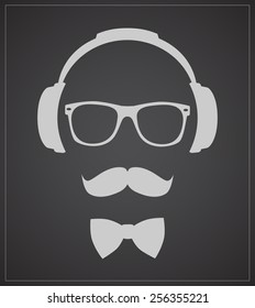 Hipster style set bowtie, glasses, mustaches, headphones abstract illustration background. flat template 