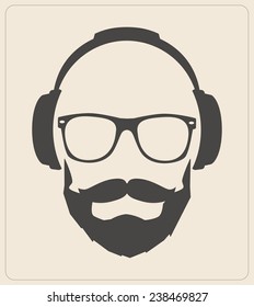 Hipster style set, glasses, mustaches, headphones abstract illustration background. vector flat template