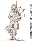Hipster style street musician with lion head playing bagpipe isolated on white background. EPS10 vector illustration.