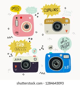 Hipster style vector illustration of hand drawn photo cameras and photography words. Cute 80s 90s nostalgic set and inscription. Great design elements for sticker, blog, print or poster.