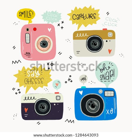 Hipster style vector illustration of hand drawn photo cameras and photography words. Cute 80s 90s nostalgic set and inscription. Great design elements for sticker, blog, print or poster.