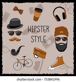 Hipster style vector illustration, set of hand drawn icons.