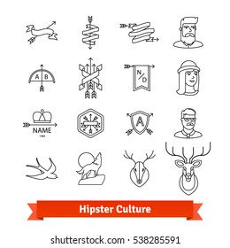 Hipster subculture. Thin line art icons set. Male, female avatars, artistic tattoo, design elements, company logotypes. Linear style symbols isolated on white.