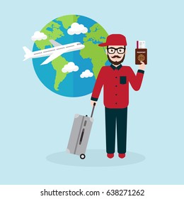 Hipster with suitcase presenting passport and air ticket in hand with airplane on background