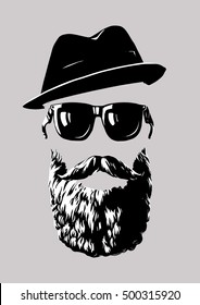 Hipster with sunglasses and a hat. Logo, abstract set, line drawing. Vector illustration.