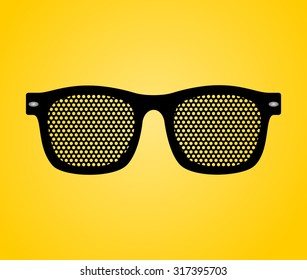 Hipster sunglasses icon. Classic wayfarer shape sun glasses with black color frame and perforated lens. Personal accessory object concept. vector art image illustration, isolated on yellow background