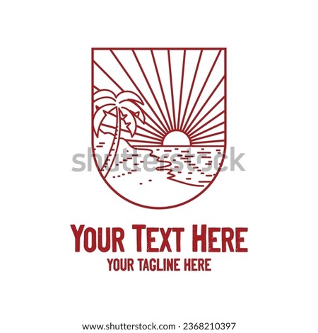 Hipster Sunset Beach with Palm Coconut Tree Badge Emblem Line Style Logo Design Vector