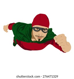 hipster superhero in his uniform and mask flying forward