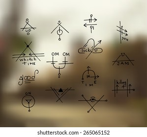 Hipster supreme freehand line progress magic signs and labels on blurred background