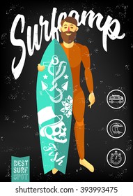 Hipster with surfboard and icons