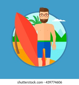 A hipster surfer with the beard standing with a surfboard on the beach. Professional surfer with a surf board at the beach. Vector flat design illustration in the circle isolated on background.