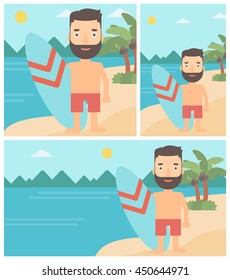 A hipster surfer with the beard standing with a surfboard on the beach. Professional surfer with a surf board at the beach. Vector flat design illustration. Square, horizontal, vertical layouts.