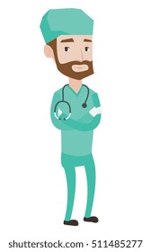 Hipster surgeon standing with arms crossed. Young caucasian confident surgeon in medical uniform. Surgeon with stethoscope on his neck. Vector flat design illustration isolated on white background.