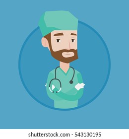 Hipster surgeon standing with arms crossed. Caucasian confident surgeon in medical uniform. Surgeon with stethoscope on his neck. Vector flat design illustration in the circle isolated on background.