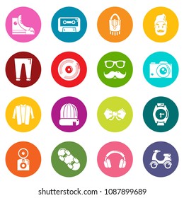 Hipster symbols icons set vector colorful circles isolated on white background 