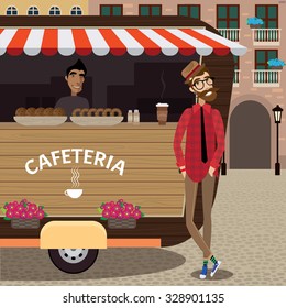 Hipster taking coffee to go from coffee stall at old city center