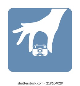 Hipster taking a self portrait with camera. Vector illustration. Flat design. Selfie concept. 