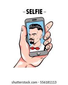 Hipster taking selfie comic template with hand holding mobile with photo of bearded man isolated vector illustration