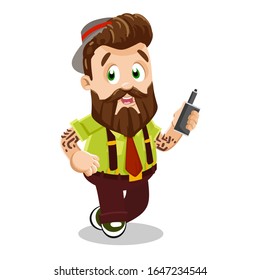 Hipster with tattoo in hat, light green shirt, red tie, brown suspender trousers standing and holding vape. Young bearded man smoking electronic cigarette. Vector cartoon isolated on white.