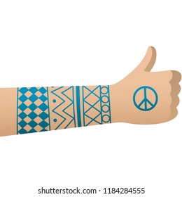 Hipster tattooed hand, thumbs up gesture. Rockstar hand isolated on white background. Vector illustration