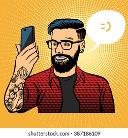 hipster with tattoos makes selfie on your smartphone. Retro illustration of a pop art style